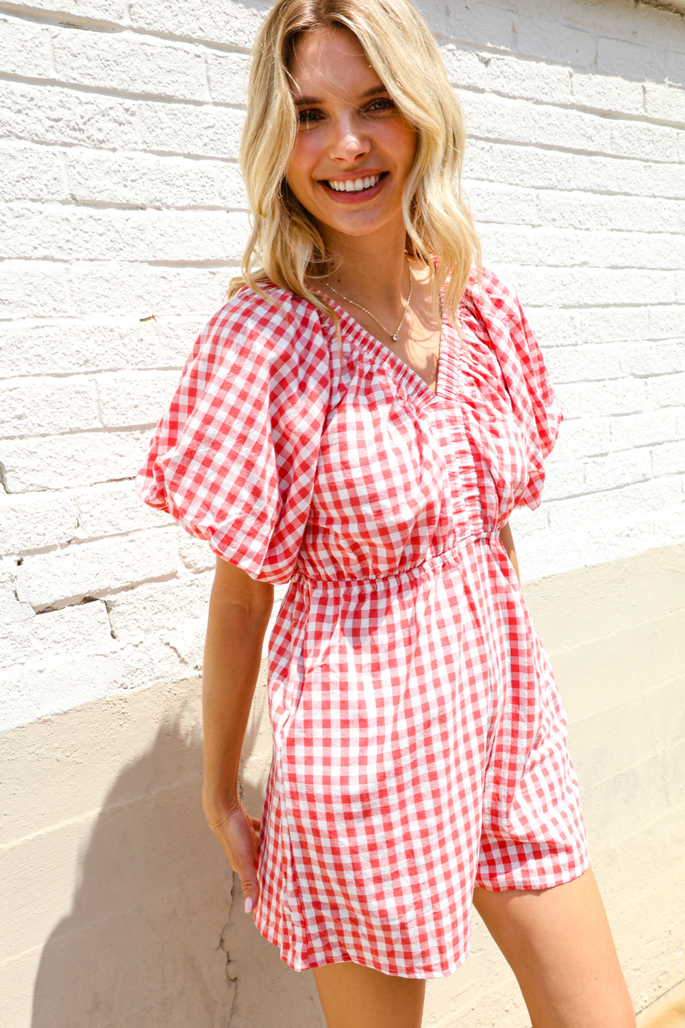 Festival Ready Cotton Red Checker Elastic V Neck Romper