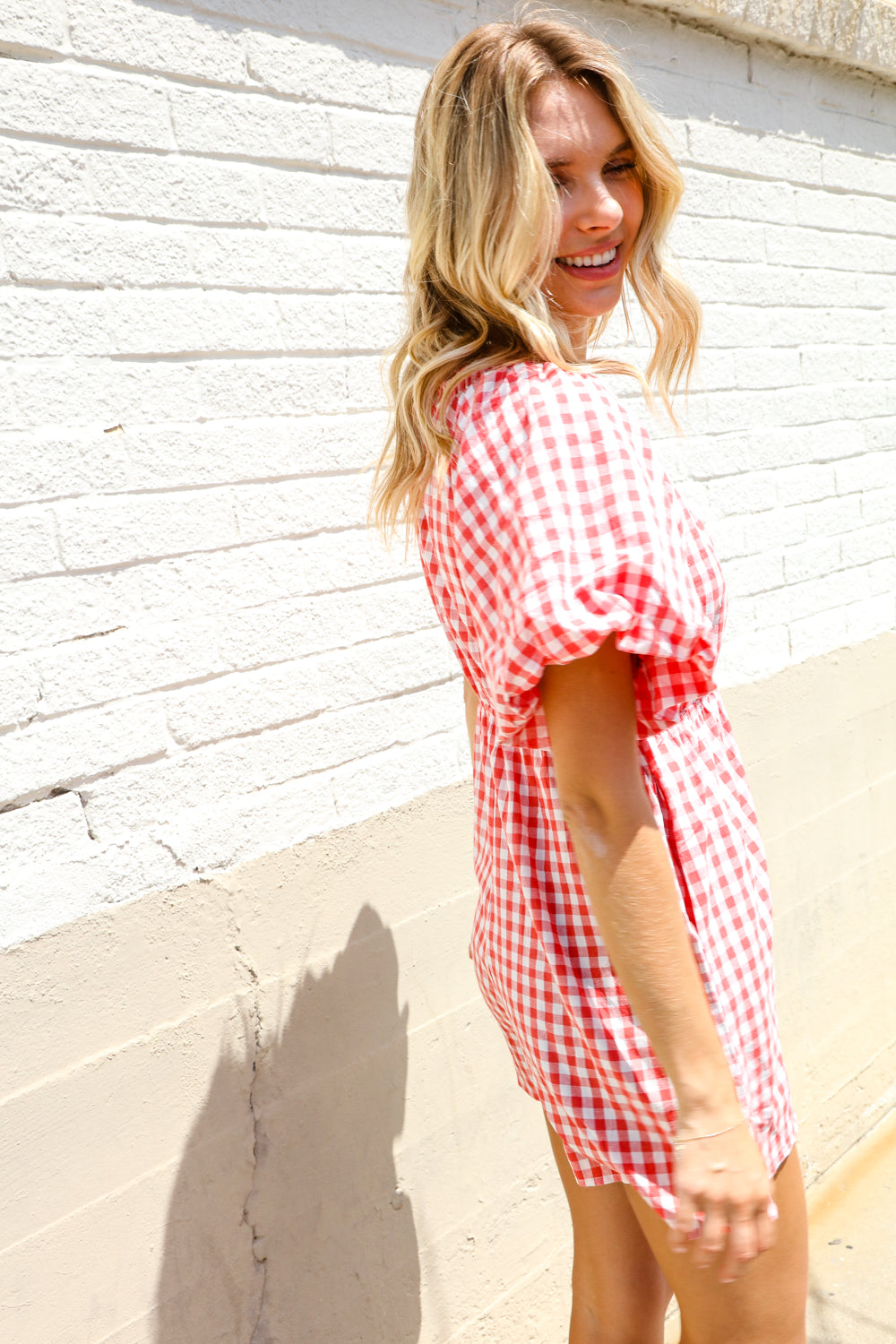 Festival Ready Cotton Red Checker Elastic V Neck Romper