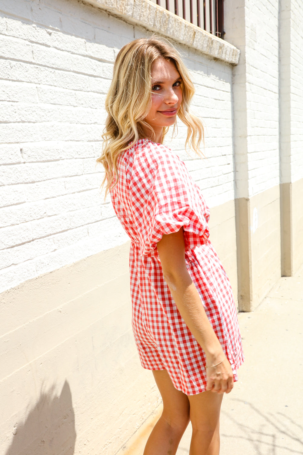 Festival Ready Cotton Red Checker Elastic V Neck Romper