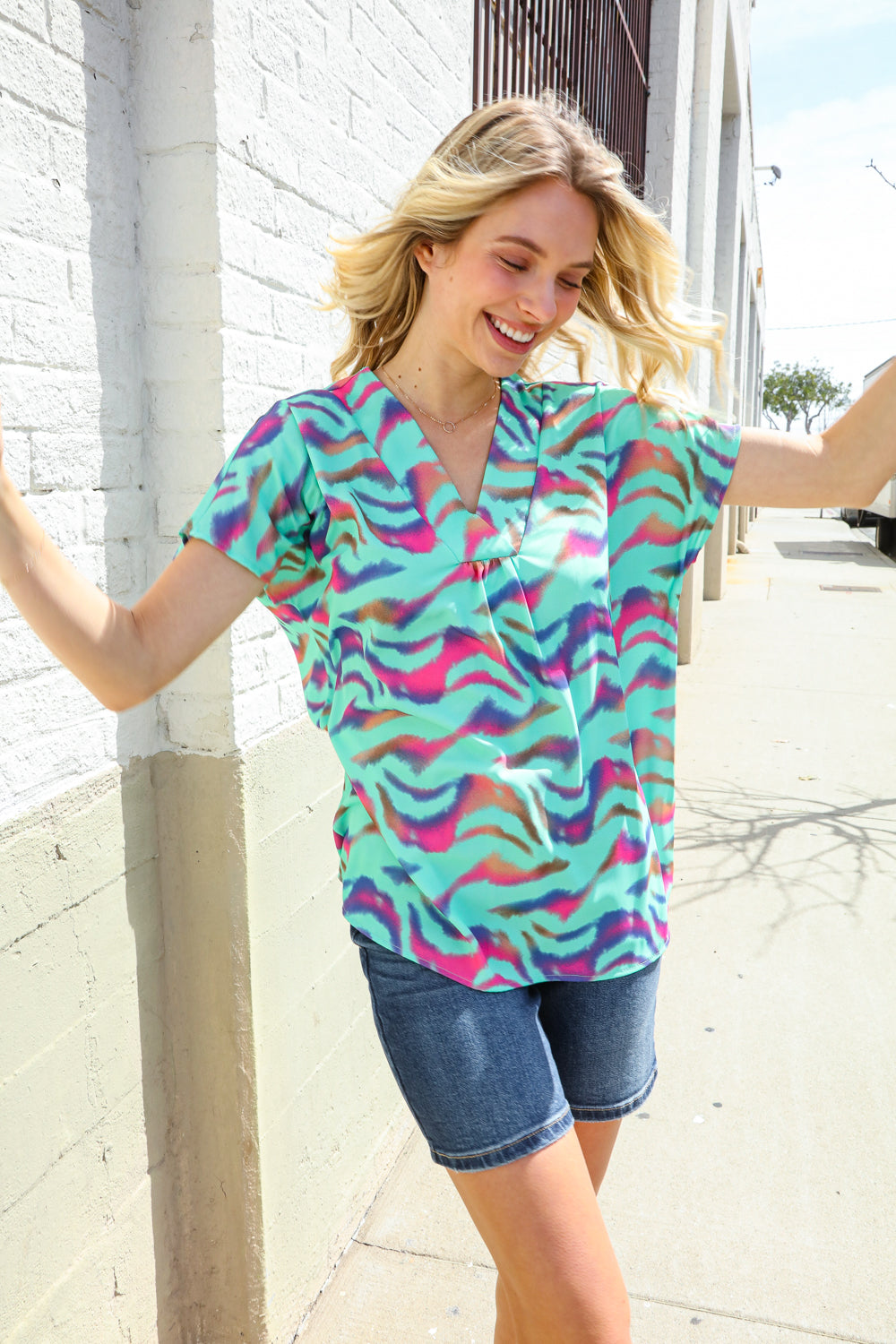 Hello Beautiful Mint Wavy Animal Print Banded V Neck Top