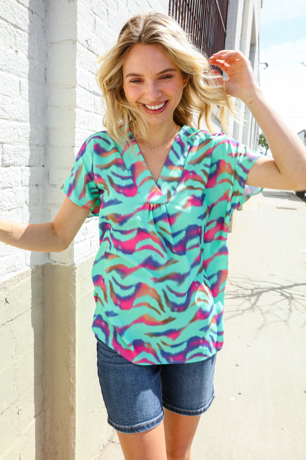 Hello Beautiful Mint Wavy Animal Print Banded V Neck Top