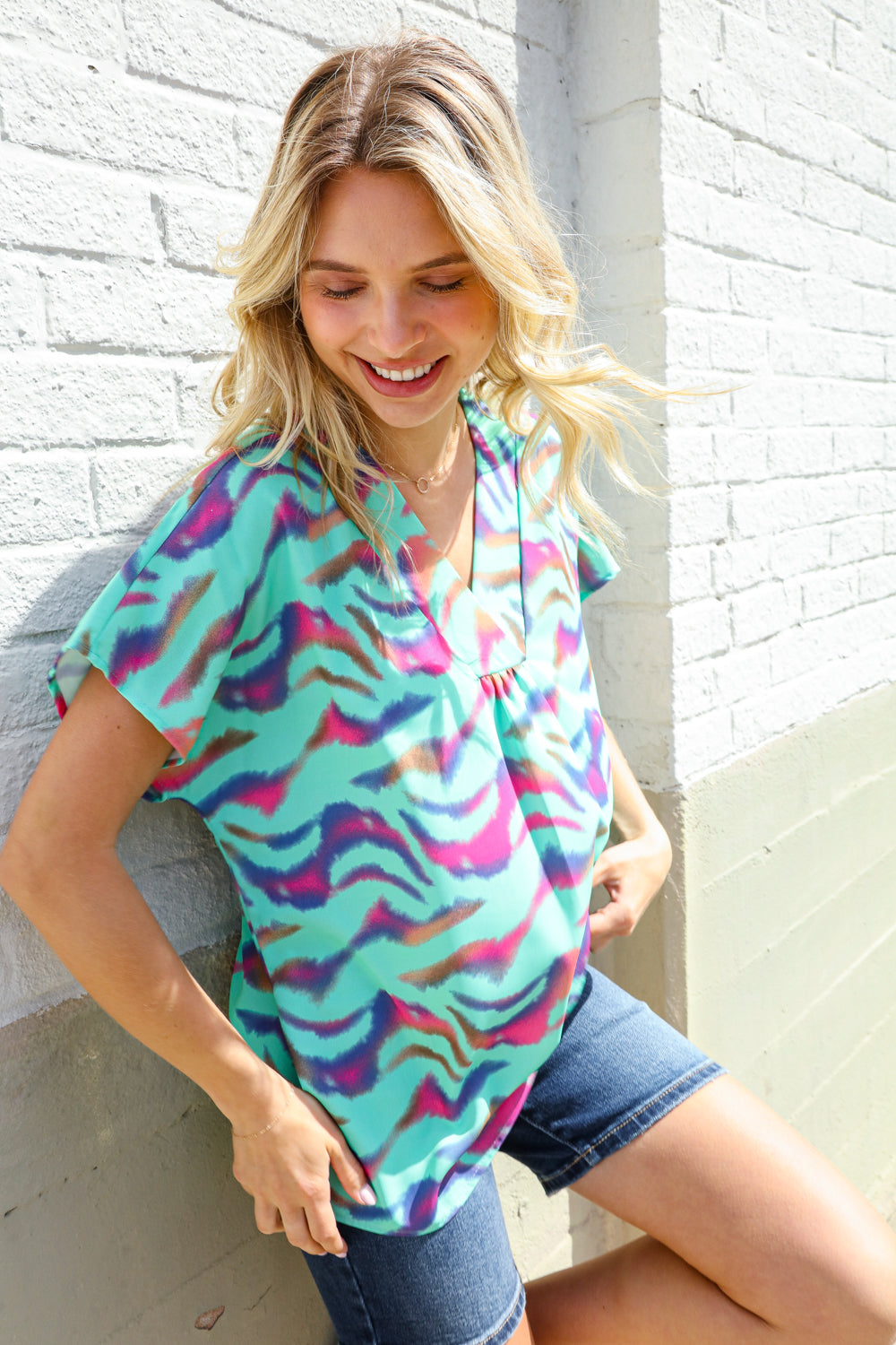 Hello Beautiful Mint Wavy Animal Print Banded V Neck Top
