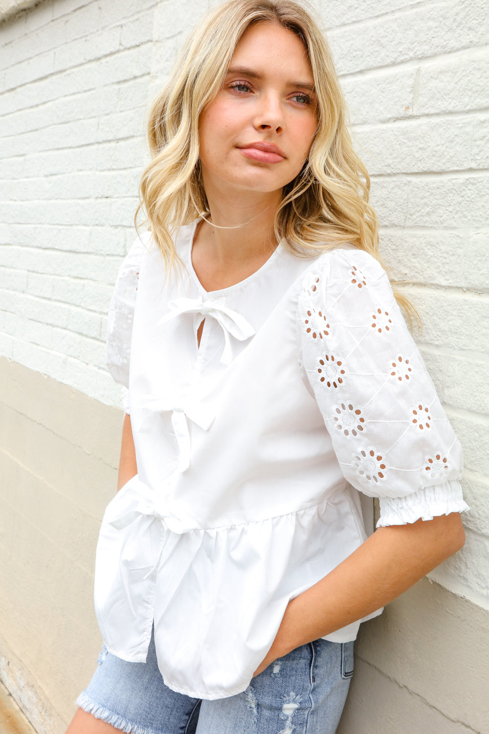 Charming In White Cotton Babydoll Bow Tie Eyelet Top