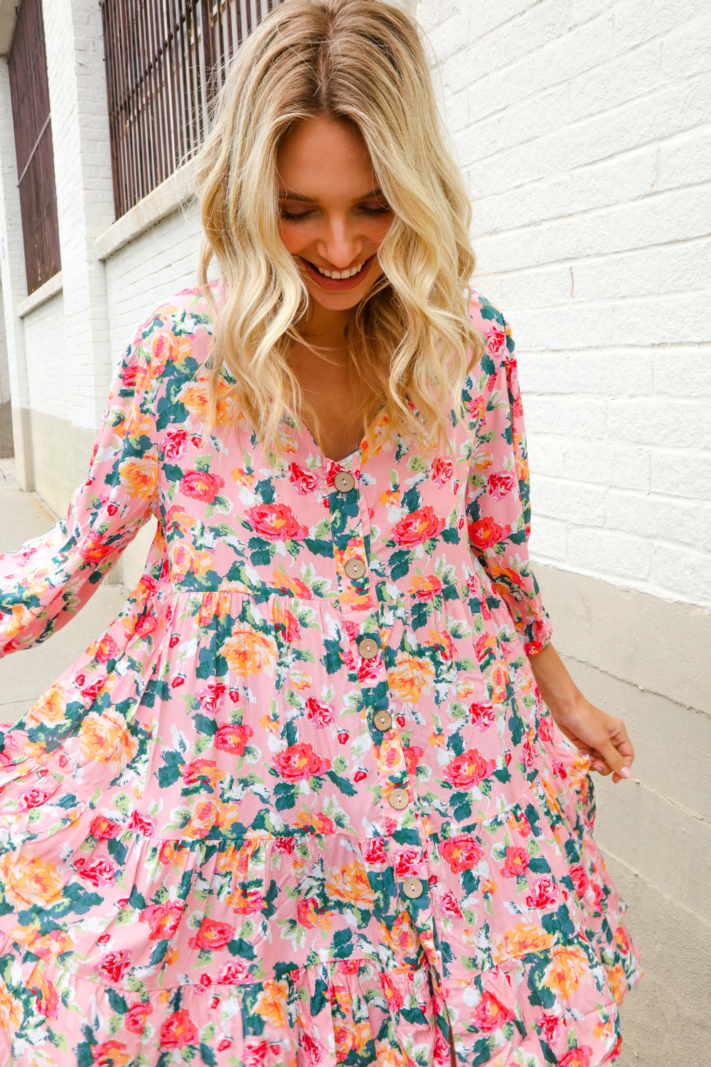 Boho Vibes Cotton Floral Button Down 3/4 Sleeve Tiered Dress