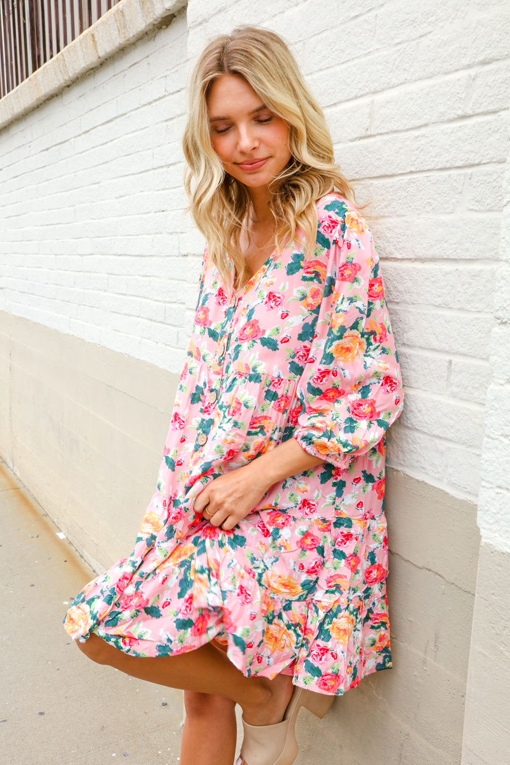 Boho Vibes Cotton Floral Button Down 3/4 Sleeve Tiered Dress
