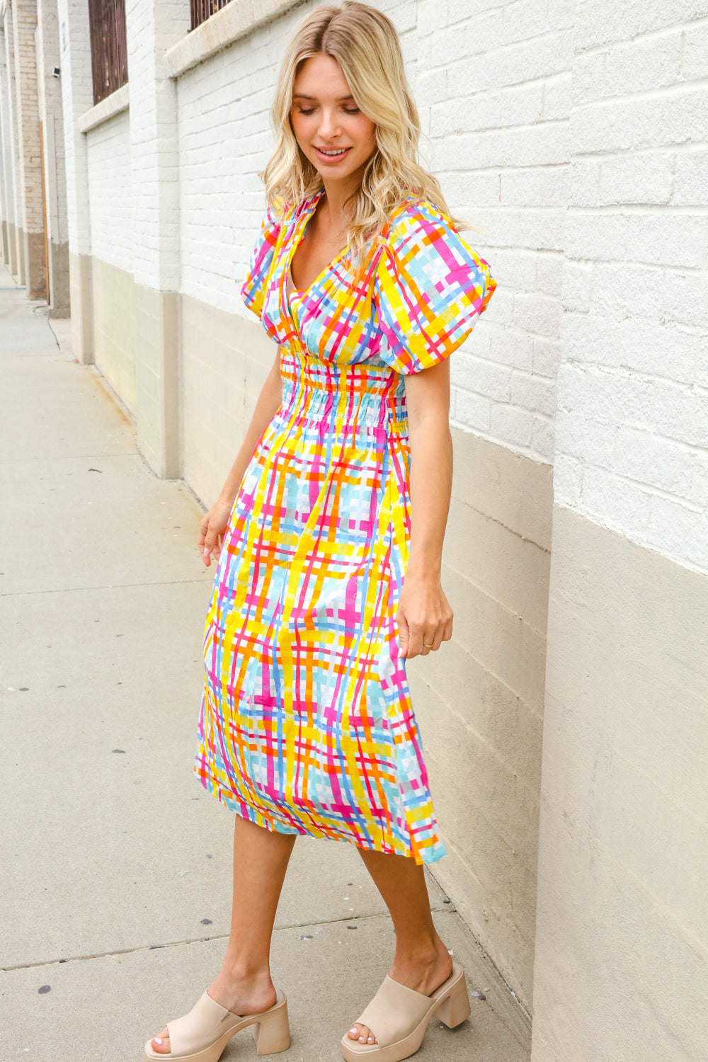 Charming in Multicolor Cotton Plaid Puff Sleeve Sweetheart Neck Dress