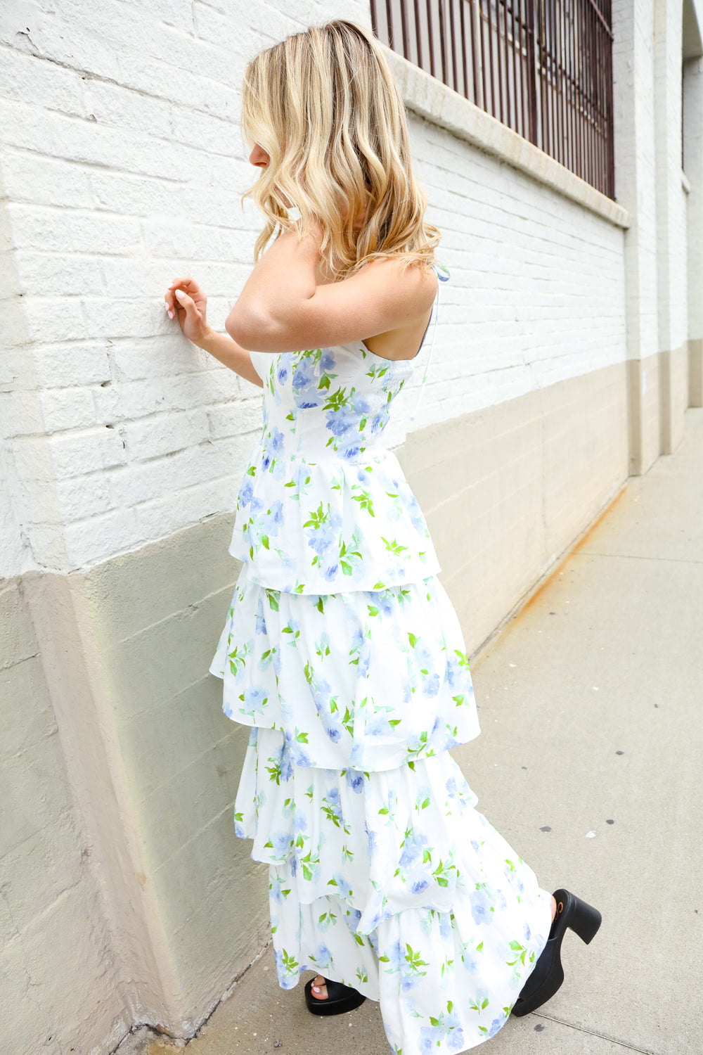 Stunning in Strap Bustier White & Blue Floral Tiered Chiffon Maxi Dress