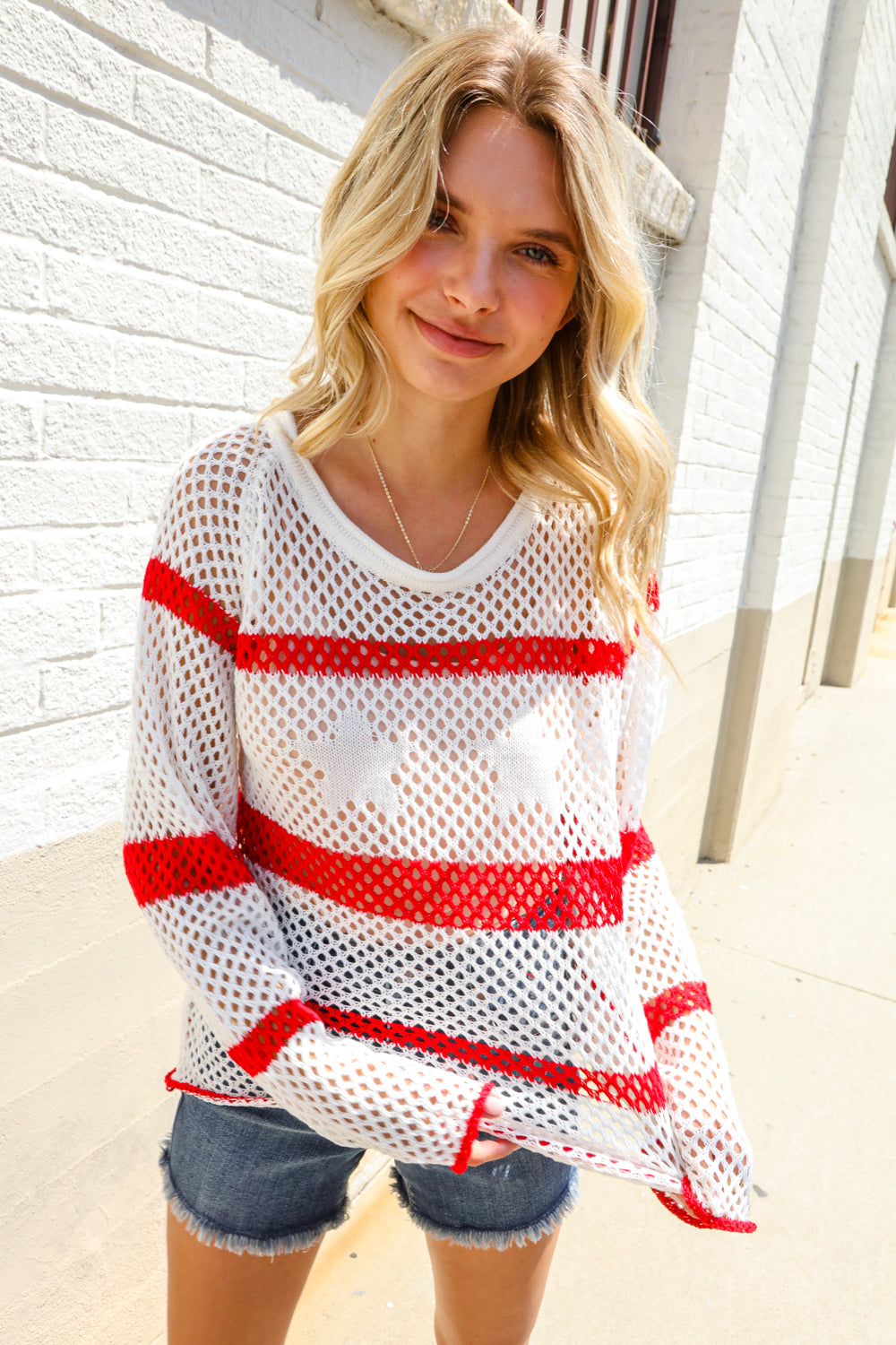 Feeling Patriotic Red Stripe Star Print Crochet Netted Pullover
