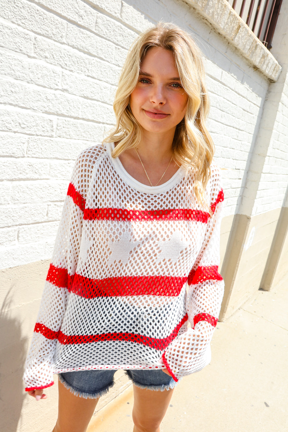 Feeling Patriotic Red Stripe Star Print Crochet Netted Pullover