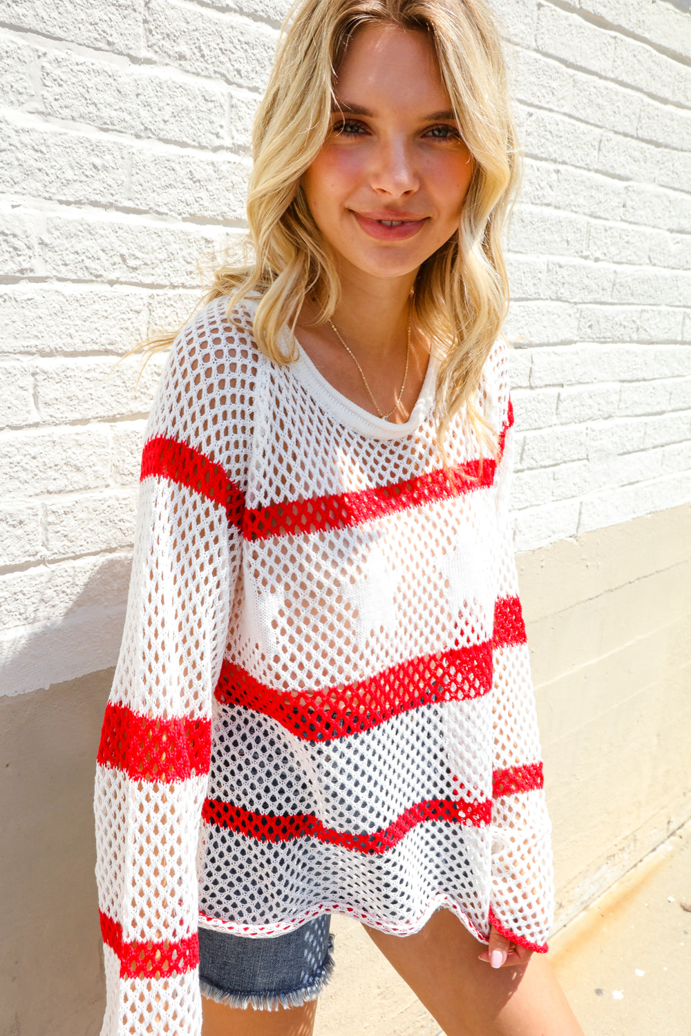 Feeling Patriotic Red Stripe Star Print Crochet Netted Pullover