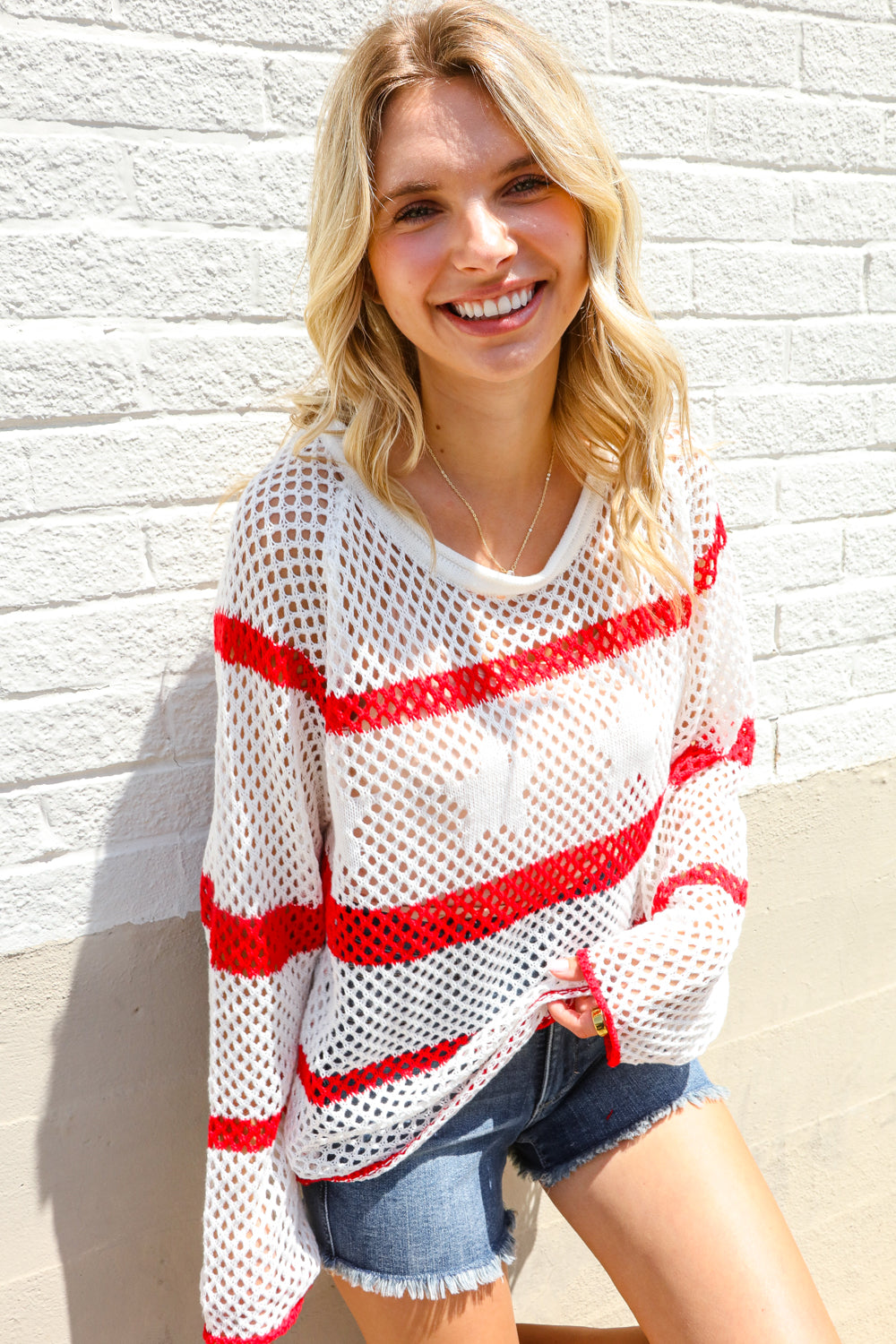 Feeling Patriotic Red Stripe Star Print Crochet Netted Pullover