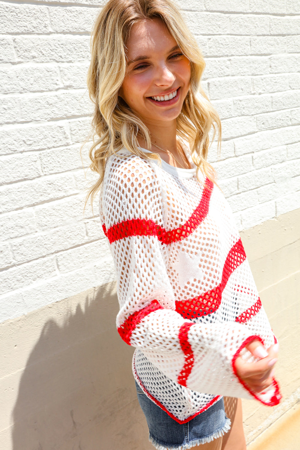 Feeling Patriotic Red Stripe Star Print Crochet Netted Pullover
