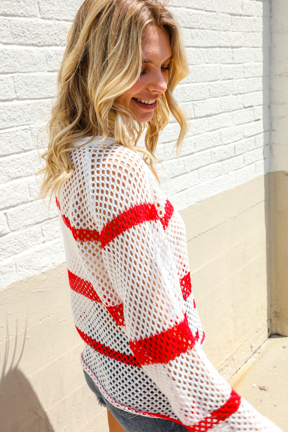 Feeling Patriotic Red Stripe Star Print Crochet Netted Pullover