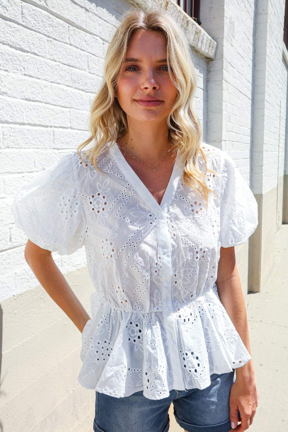 Feeling Femme White Cotton Eyelet Babydoll Button Down Top