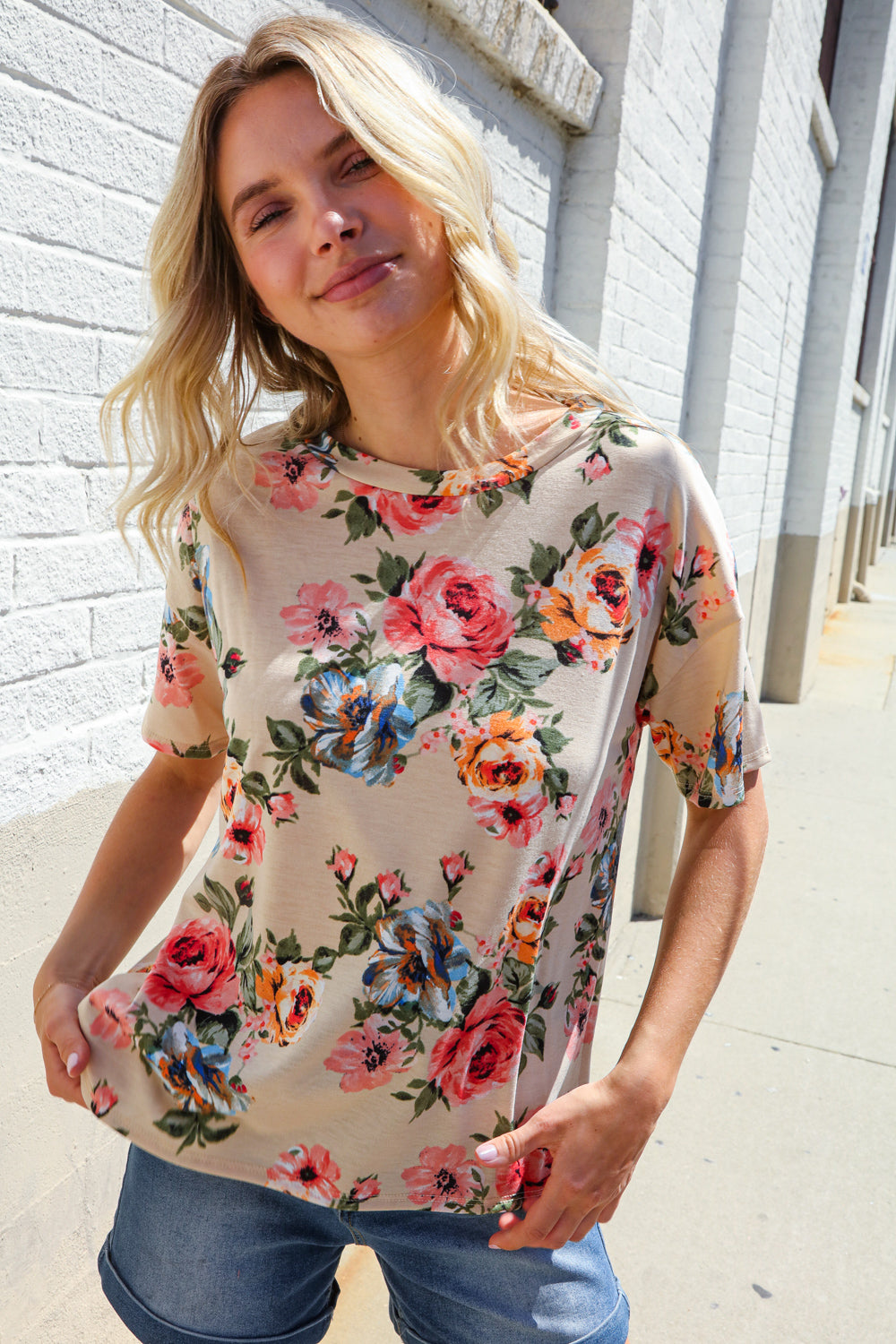 Weekend Ready Taupe Floral Print Short Sleeve Top
