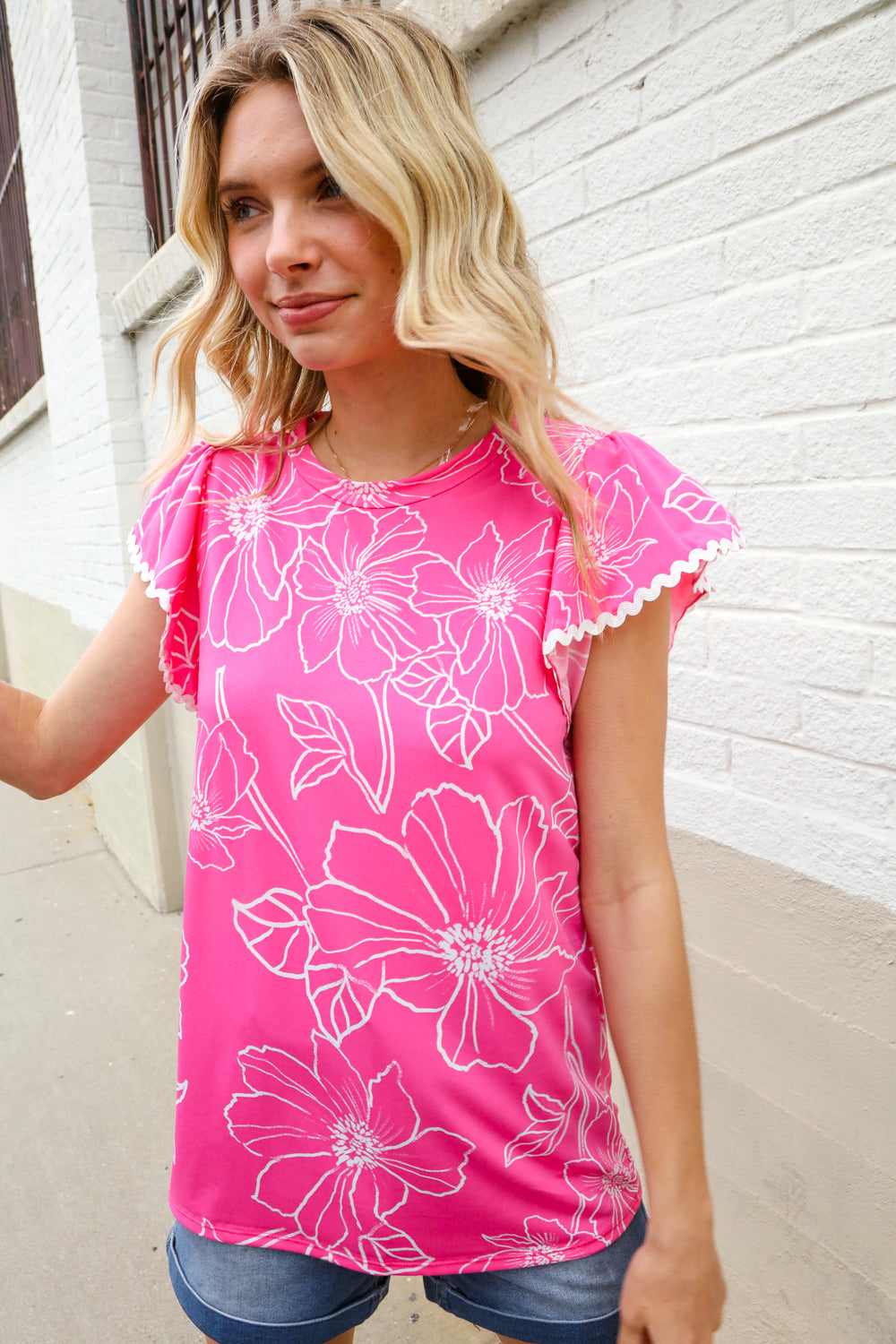 Adorable In Pink Big Floral Print Flutter Sleeve Knit Top