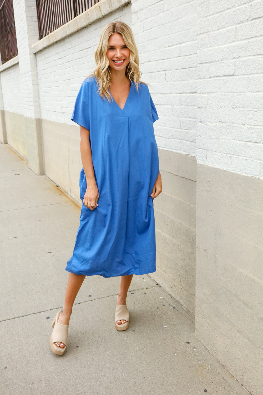 Casual Chic Blue Cotton V Neck Pocketed Midi Tunic