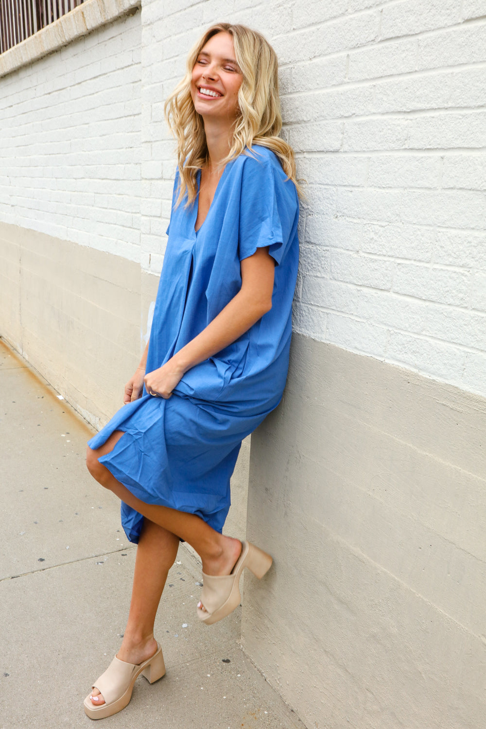 Casual Chic Blue Cotton V Neck Pocketed Midi Tunic