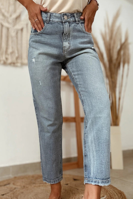 Beau Blue Distressed Ankle-length Straight Jeans