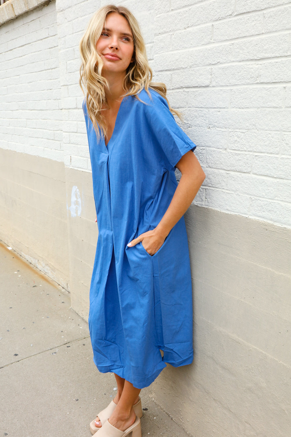 Casual Chic Blue Cotton V Neck Pocketed Midi Tunic