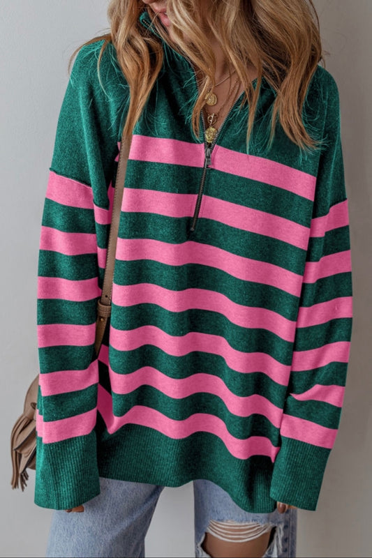 Green Stripe Quarter Zip Sweater